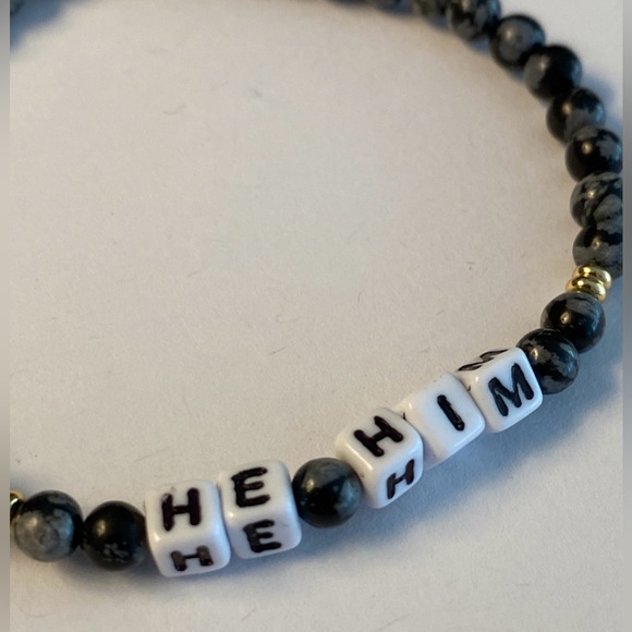 Little Words Project Bracelet - She/Her & He/Him - Black & White Beaded Stretch - Picture 7 of 8